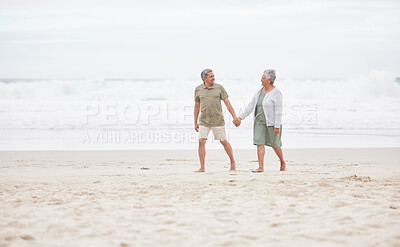 Buy stock photo Senior, couple and hand holding on the beach for retirement vacation, holiday or adventure in summer. Elderly, man and woman for walking by ocean or sea with journey and happiness for relax and love