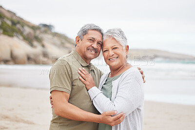 Buy stock photo Senior, couple and hug with portrait on beach in nature together for support, relax and connection with smile. Commitment, man or woman with love embrace for peace, trust and vacation at ocean or sea