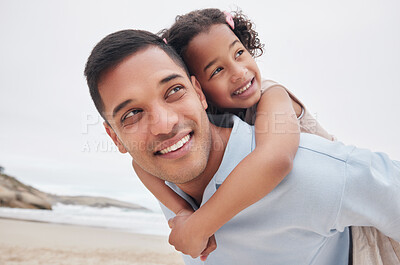 Buy stock photo Beach, piggy back or happy dad with child in nature to enjoy a family holiday vacation in New Zealand. Travel, hug or proud father at sea or ocean with smile, kid or girl to relax or bond together