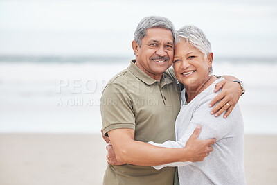 Buy stock photo Senior couple, portrait and hug at beach for holiday, vacation or tropical travel in retirement with mockup. Happy man, elderly woman and embrace to relax at ocean, love or loyalty to support partner