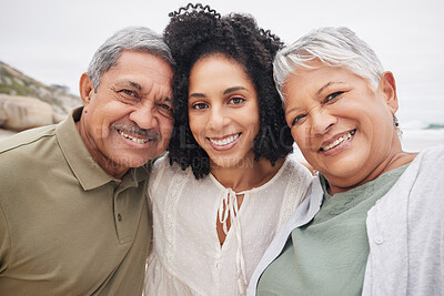 Buy stock photo Portrait, happy woman and elderly parents at beach on holiday, vacation or travel outdoor. Face, adult daughter and mother and father bonding together at ocean for family connection, love and support