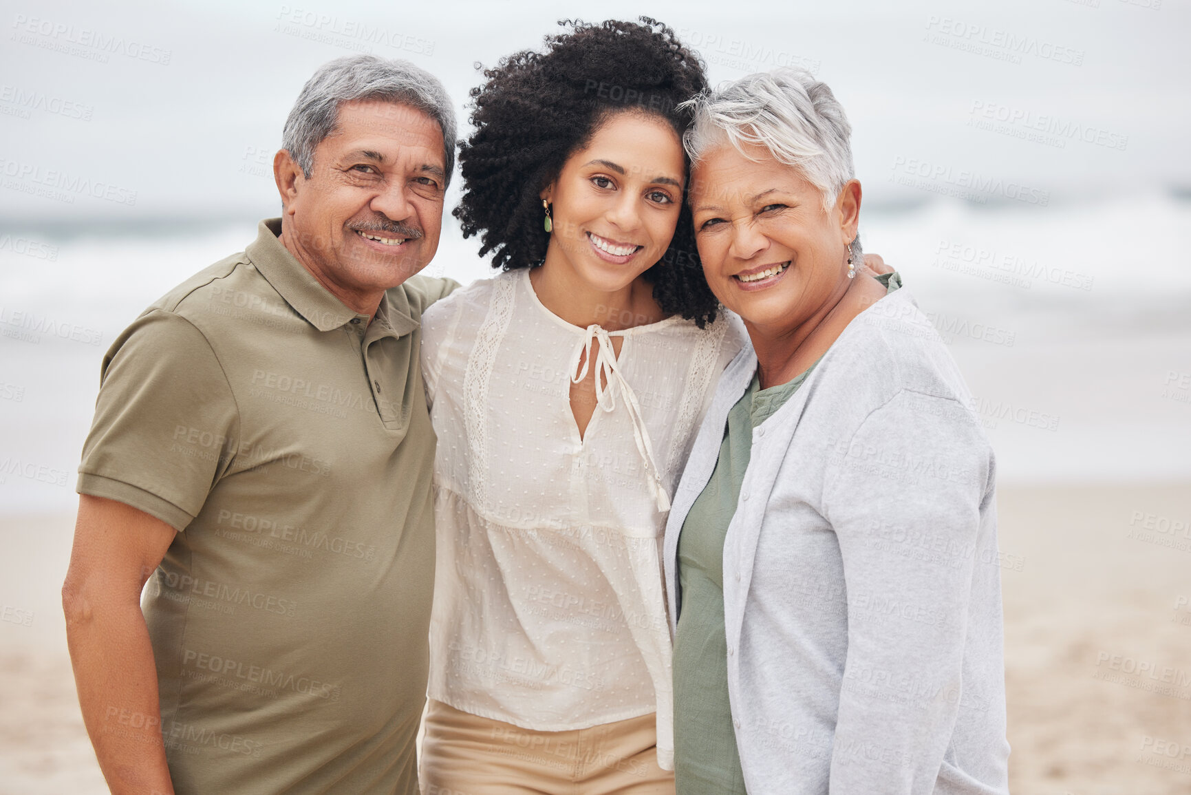 Buy stock photo Happy family, couple or child hug on beach for travel, vacation or holiday with portrait or relax in nature. Face, man or women at ocean or sea for peace, freedom, adventure or support outdoor or joy