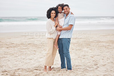 Buy stock photo Hug, portrait and a family at the beach for a vacation, travel or walking by the ocean. Happy, care and a young mother, father and girl kid at the sea for a holiday, bonding or together in summer