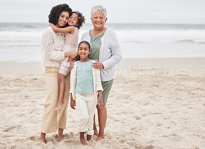 Buy stock photo Beach, grandma or portrait of mom with happy kids in nature on family holiday vacation in New Zealand. Travel, hug or senior mother at sea or ocean with woman, kid or girls to relax or bond together