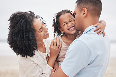 Buy stock photo Beach, hug and mother with father, girl and love with vacation, weekend break and happiness. Family, mama and dad with child, embrace or cheerful with seaside holiday, joyful and travel with bonding