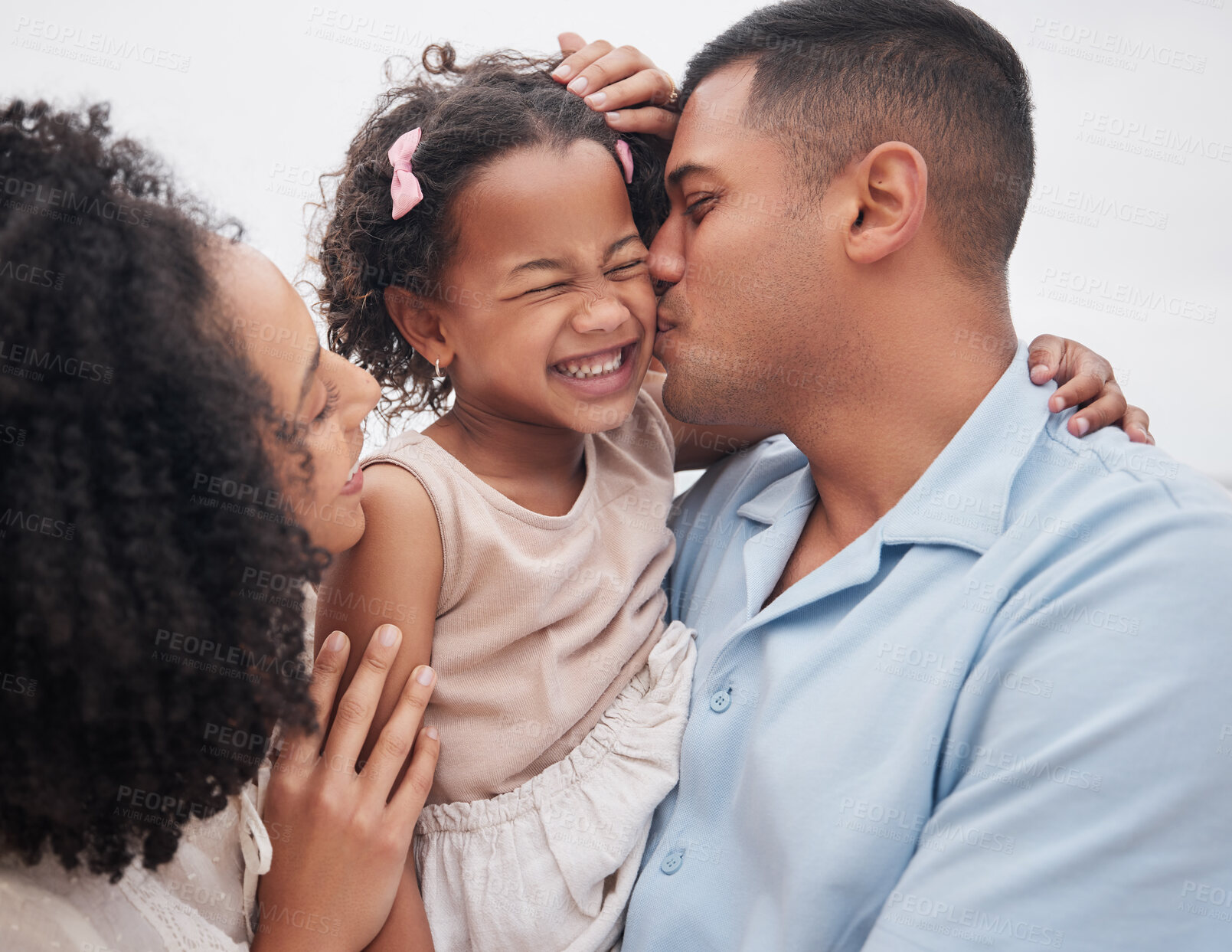 Buy stock photo Family, beach and mother with father, girl and vacation with sunshine, bonding and weekend break. Parents, mama and dad with embrace, kid or child outdoor with happiness, seaside holiday and cheerful