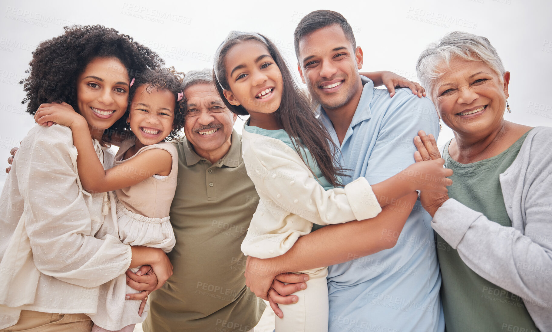 Buy stock photo Portrait, smile and big family outdoor on holiday, vacation and travel together in nature. Face, happy grandparents and parents with children bonding, care and hug for love, support and connection