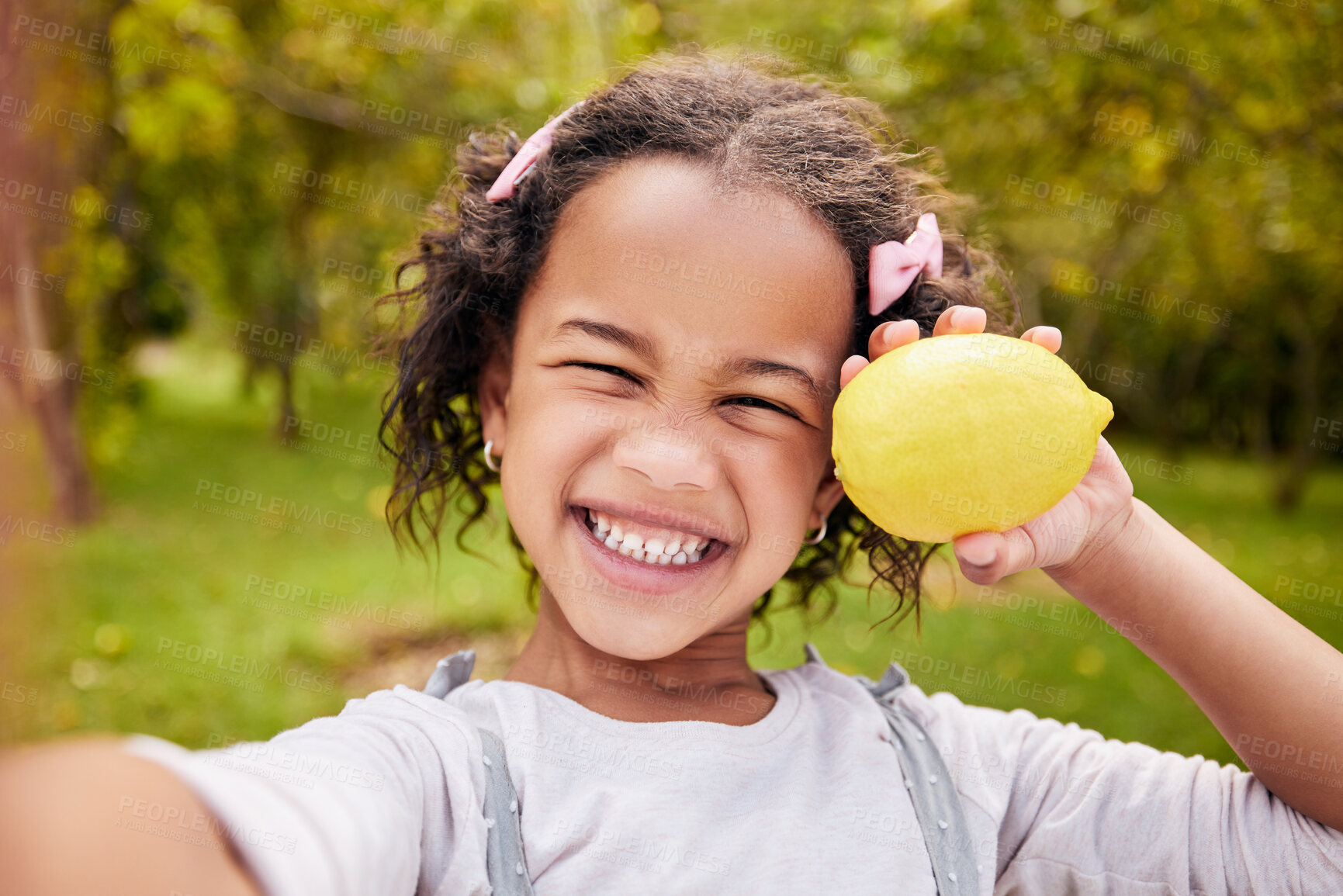 Buy stock photo Selfie, portrait and girl child with fruit and smile in nature for wellness, nutrition and healthy lifestyle. Face, kid and person with lemon in hand for summer, eating and happiness outdoor on farm 