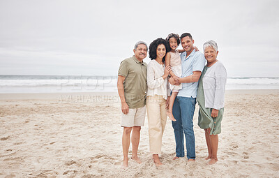 Buy stock photo Portrait, smile and big family at beach outdoor on holiday, vacation and travel. Happy grandparents, parents and child at ocean bonding together for love of father, mother and kid on mockup space