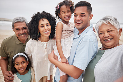 Buy stock photo Portrait, smile and selfie of family at beach on holiday, vacation and travel outdoor. Happy parents, grandparents and children at ocean in profile picture for care, bonding together and love at sea