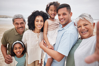 Buy stock photo Portrait, happy and selfie of family at beach on holiday, vacation or travel outdoor. Parents, grandparents and kids at ocean in profile picture for care, bonding together and smile for love at sea