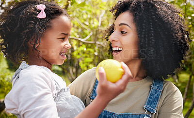 Buy stock photo Happy, lemon and mother with girl, outdoor and happiness with hug, excited and bonding on vacation. Family, mama and kid with mom, child and fruit with a smile, citrus and nutrition with break or joy