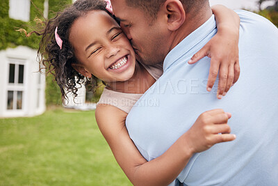 Buy stock photo Hug, father and kiss kid on cheek outdoor at backyard of home for care, bonding and support. Love, girl child and dad embrace, smile and happy family together for connection, trust and relationship