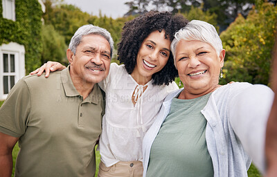 Buy stock photo Happy family, daughter and parents with selfie in garden for love, hug and happiness at home or house. Profile picture, man and women outdoor in nature for relax, memory or bond on weekend with smile