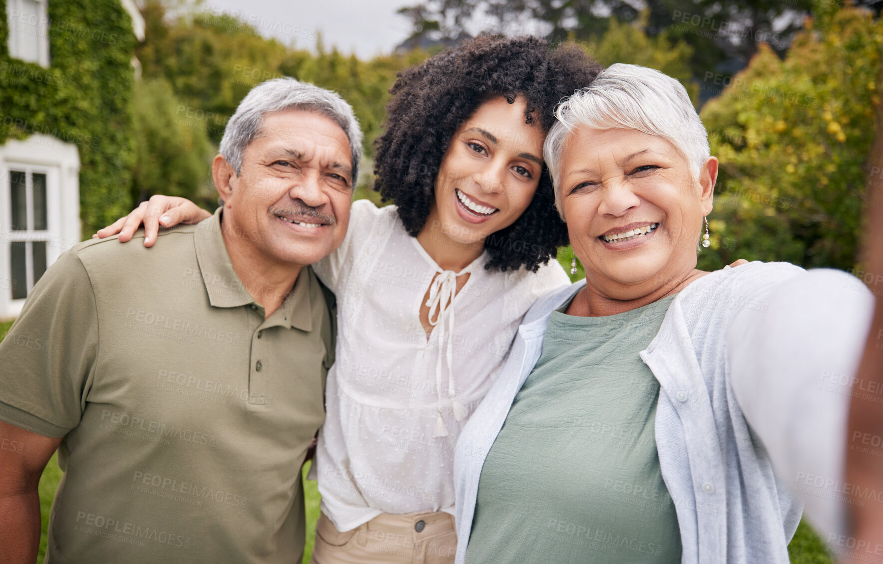 Buy stock photo Happy family, daughter and parents with selfie in garden for love, hug and happiness at home or house. Profile picture, man and women outdoor in nature for relax, memory or bond on weekend with smile