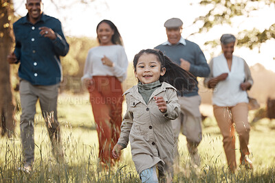 Buy stock photo Park, running and girl with parents or grandparents on grass field for freedom, adventure or playing in summer. Family, men or women with fun or love in forest with sunshine for care or happiness