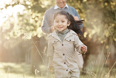 Buy stock photo Running, nature and portrait of a child with grandfather for bonding, playing and love in a park. Smile, family and a girl kid with a senior man in a field for playful energy, freedom and care