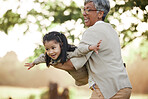 Family, girl kid or grandmother with fly or airplane for fantasy play, fun game or together with bokeh in nature. People, child or grandma outdoor with happiness for love, care and bonding or excited