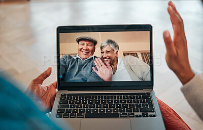 Buy stock photo Senior, couple and video call on laptop screen with greeting for family communication or meeting at home. Elderly, people and internet for networking, conversation or chat with technology and smile
