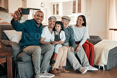 Buy stock photo Family, selfie and grandparents and child on sofa for bonding, relationship and social media at home. Senior parents, happy and mother, father and girl in living room for picture, memory and photo