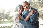 Portrait, hug and senior couple with love, smile and marriage with bonding, relationship and retirement. Face, happy old woman and elderly man embrace, outdoor and health with nature, care and trust