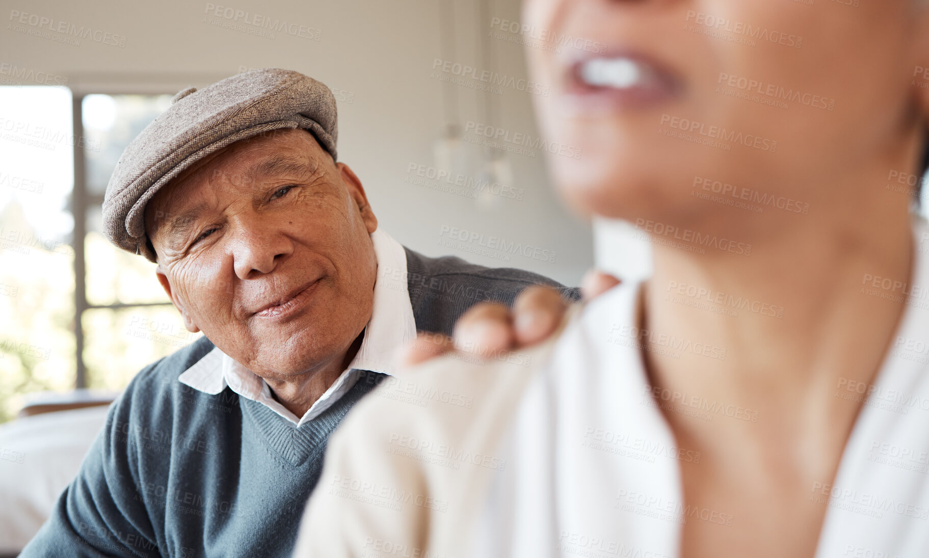 Buy stock photo Couple fight, face and senior couple on a sofa angry, ignore and frustrated in their home together. Marriage, crisis and elderly man with depression, rejection or anxiety for wife with menopause 