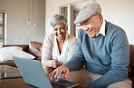 Senior couple, laptop and home living room with reading, smile or excited for streaming movie on sofa. Elderly woman, old man and computer with scroll, click or funny video on social media with smile