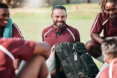 Buy stock photo Sports, group and rugby team in a circle at training for planning strategy for game or match. Fitness, huddle and athletes talking for players and motivation on an outdoor field for practice