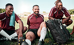 Fitness, huddle and rugby players in a circle at training for planning strategy for game or match. Sports, group and athletes talking for team building and motivation on an outdoor field for practice