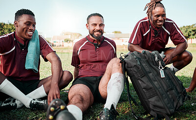 Buy stock photo Fitness, people and rugby players on a break at training for planning strategy for game or match. Sports, group and athletes talking for team building and motivation on an outdoor field for practice.