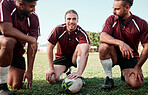 Team building, huddle and rugby players on a field planning a strategy for a game, match or tournament. Sports, fitness and captain talking to group at training or practice on an outdoor pitch.