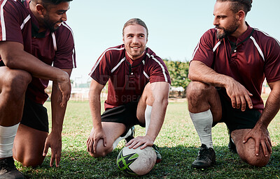 Buy stock photo Team building, huddle and rugby players on a field planning a strategy for a game, match or tournament. Sports, fitness and captain talking to group at training or practice on an outdoor pitch.