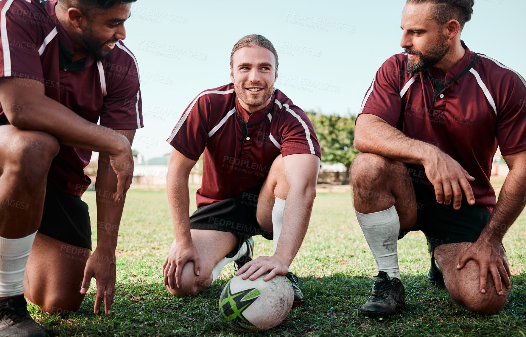 Buy stock photo Team building, huddle and rugby players on a field planning a strategy for a game, match or tournament. Sports, fitness and captain talking to group at training or practice on an outdoor pitch.