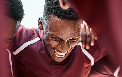 Buy stock photo Motivation, huddle and rugby team on a field planning a strategy for a game, match or tournament. Sports, fitness and captain talking to group at training, exercise or practice on an outdoor pitch.