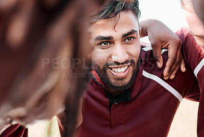 Buy stock photo Sports, huddle and rugby team on a field planning a strategy for a game, match or tournament. Fitness, diversity and man captain talking to group at training, exercise or practice on an outdoor pitch