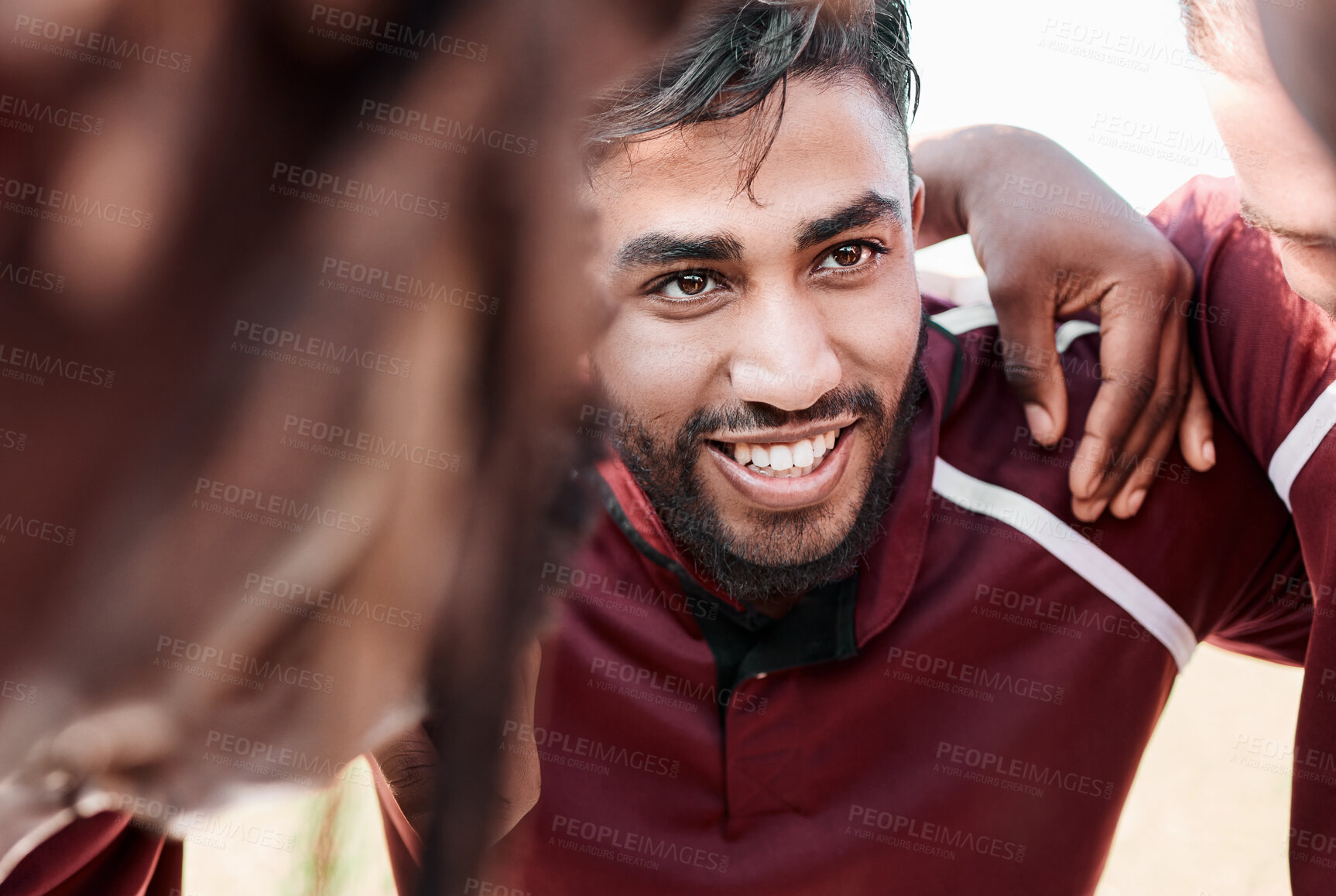 Buy stock photo Sports, huddle and rugby team on a field planning a strategy for a game, match or tournament. Fitness, diversity and man captain talking to group at training, exercise or practice on an outdoor pitch