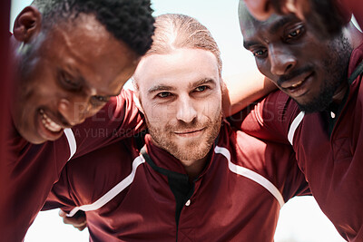 Buy stock photo Fitness, huddle and man in rugby group on a field planning a strategy for a game, match or tournament. Sports, diversity and captain with team at training, exercise or practice on an outdoor pitch