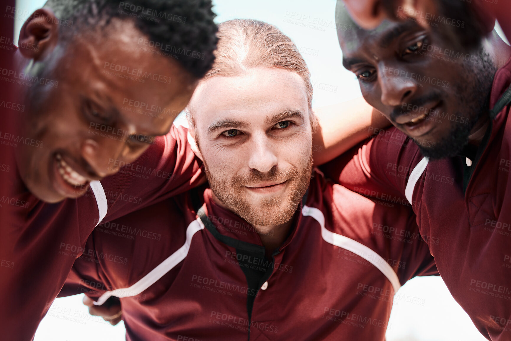 Buy stock photo Fitness, huddle and man in rugby group on a field planning a strategy for a game, match or tournament. Sports, diversity and captain with team at training, exercise or practice on an outdoor pitch