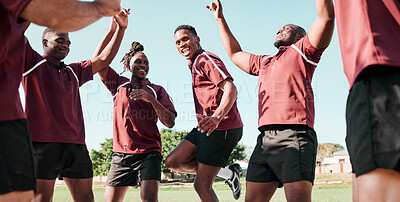 Buy stock photo Happy man, rugby and team celebration for winning, success or motivation on outdoor field together. Group of sports players dancing for achievement, teamwork or victory in match, game or fitness