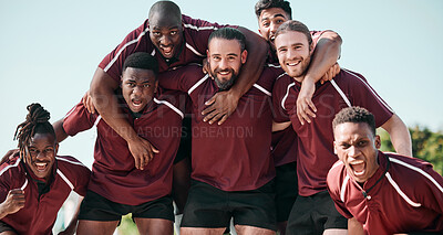 Buy stock photo People, portrait and rugby team in celebration at field outdoor for training, exercise goal and competition. Fitness, group and men screaming for winning game, success in match and sport achievement