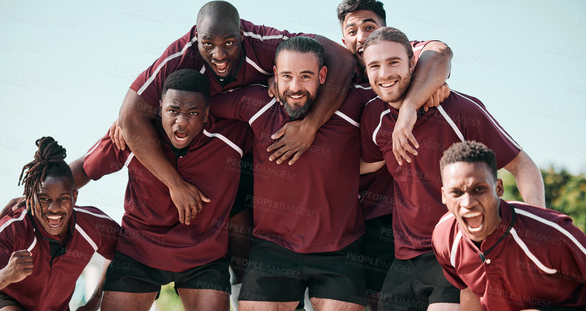 Buy stock photo People, portrait and rugby team in celebration at field outdoor for training, exercise goal and competition. Fitness, group and men screaming for winning game, success in match and sport achievement