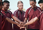 Sports, support and teamwork on field, huddle with hands and solidarity in college competition. Smile, men and team building in rugby, friends at training with motivation, hope or happy game together