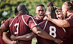 Football team, hug in circle and happiness on sports field by shout, victory and final competition. Men, diversity and american sport with collaboration in friendship and teamwork with sacrifice 