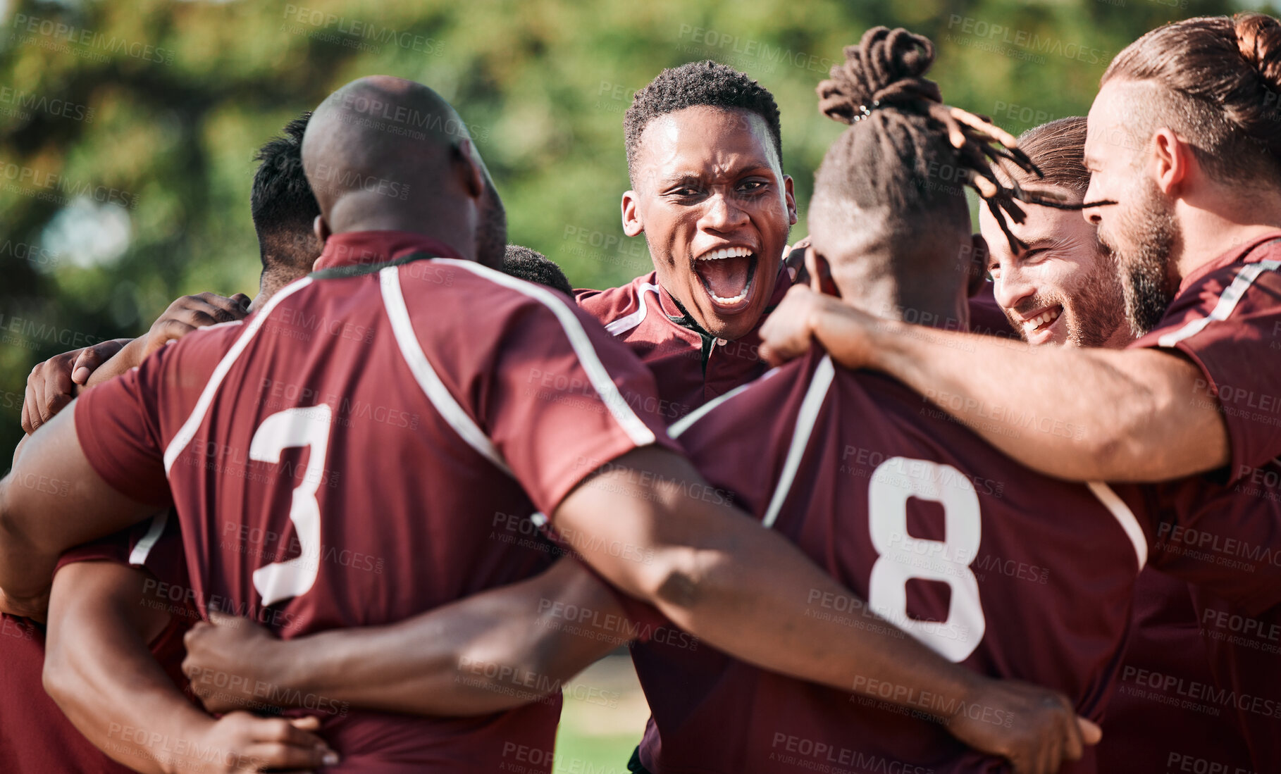 Buy stock photo Football team, hug in circle and happy on sports field with shout, victory and final competition. Men, diversity and professional sport with collaboration in friendship and teamwork with excited 