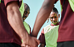 Sport, men and team holding hands for praying on field for training, workout and game motivation outdoor. Fitness, people and gratitude for exercise, performance and prayer with solidarity and unity