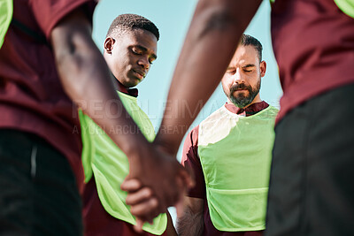 Buy stock photo Rugby, holding hands and men with prayer, game and training with competition, exercise and cooperation. Faith, sports and match with players, athletes or healthy group with hope, fitness and wellness