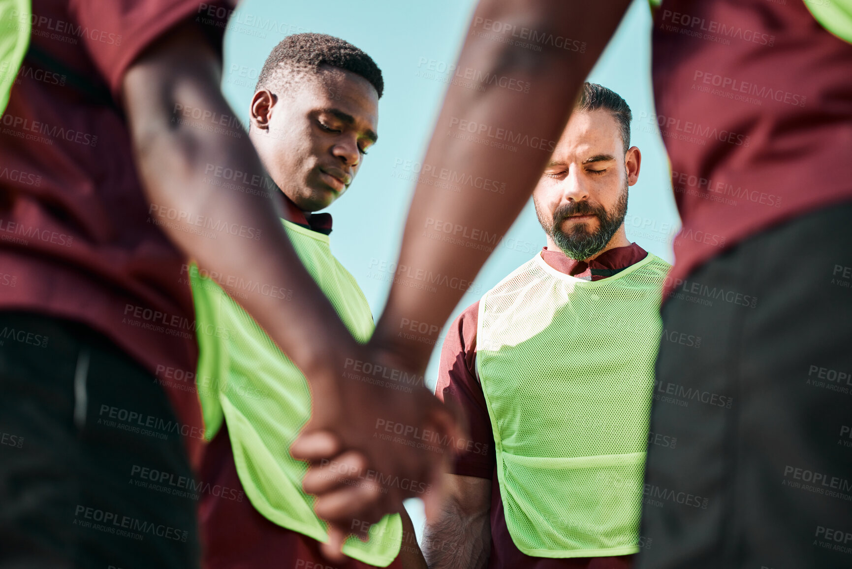 Buy stock photo Rugby, holding hands and men with prayer, game and training with competition, exercise and cooperation. Faith, sports and match with players, athletes or healthy group with hope, fitness and wellness