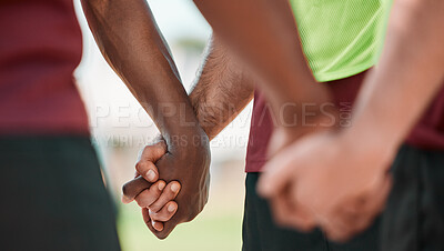 Buy stock photo Hand, men and praying in sports group on field for training, workout or game motivation outdoor with closeup. Fitness, people or gratitude for exercise, performance or prayer with solidarity or unity