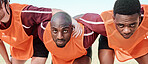 Rugby team, scrum and men in portrait for training, exercise and workout together. Sports, group huddle and serious face of people in collaboration, support and solidarity for competition outdoor.