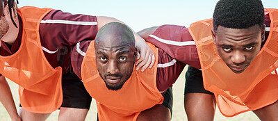 Buy stock photo Rugby team, scrum and men in portrait for training, exercise and workout together. Sports, group huddle and serious face of people in collaboration, support and solidarity for competition outdoor.